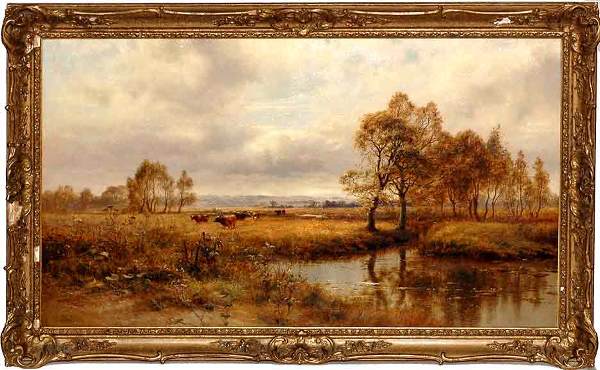 Robert Gallon1845 - 1925 Grazing Cows Oil Painting: Robert Gallon English 1845 - 1925, Grazing Cows, Oil on Canvas, Signed Lower Left, Measures 24 Inches High 42 Inches Wide, Canvas has been Re-lined, Overall Good, in a French Style Gesso Cast Frame wi