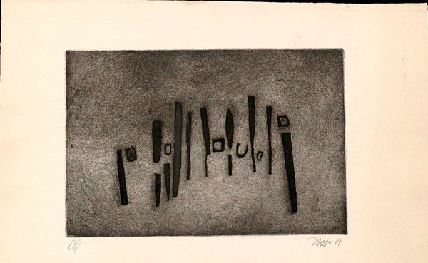 Boris Margo Abstract Etching w Aquatint '69: Boris Margo American 1902 - 1995 Abstract Composition. Etching with Aquatint Signed and Dated '69 Artists proof. Image Measures 8-3/4 Inches Tall 13 Inches wide. Sheet 13 Inches Tall 19-3/4 Inches Tal