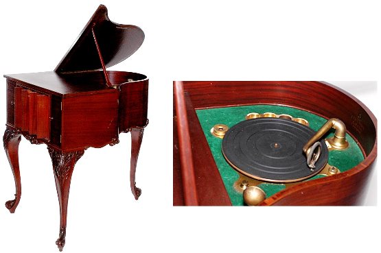 Antique Columbia Grafonola Record Player in Grand: Antique Columbia Grand Piano Shaped Grafonola Rosewood Veneered Phonograph. Miniature Baby Grand Piano Style Case with turn Table Inside for 78 Records. Front Has Double Door Compartments and Four Sla