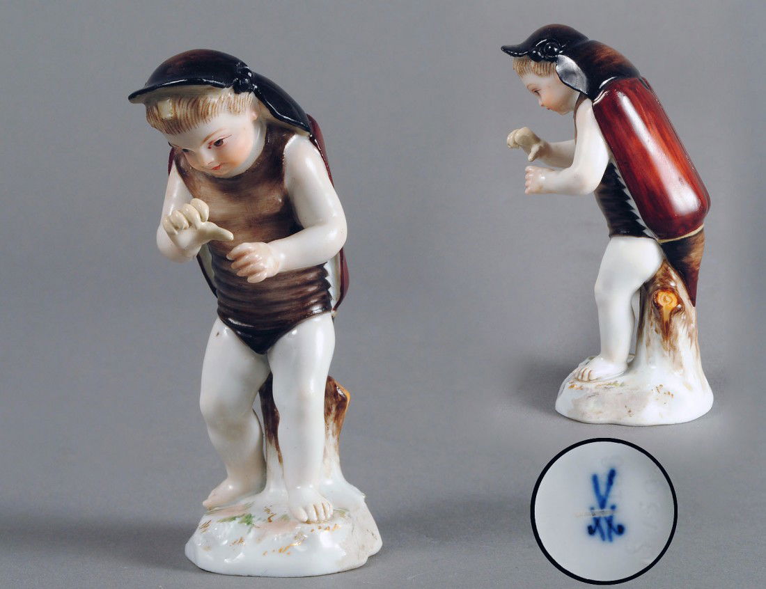 MEISSEN PORCELAIN FIGURE OF A BOY: German. 19th Century. Underglaze blue crossed swords with single cancellation mark. Height 3 1/8". (150/200)