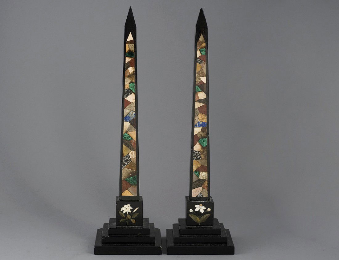 PAIR OF MARBLE AND SPECIMEN MARBLE OBELISKS: English. 19th Century. Each on a stepped square base. Height 18". (Cond: chips) (1800/2200)