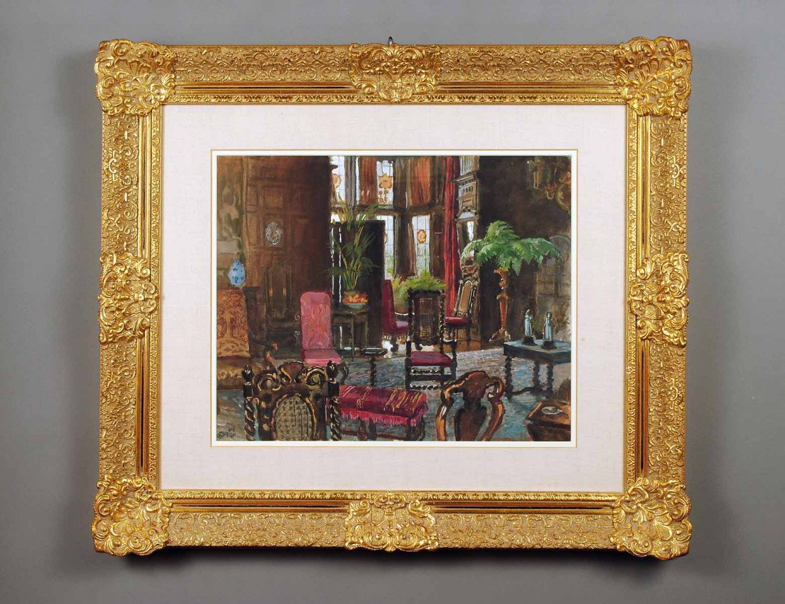 MSTISLAV VELERIANOVICH DOBUJINSKY (Russian. 1875-1: "Living Room, Stuart Duncan". Signed and dated 1945. Gouache on Paper on Cardstock. Measuring 15" by 18 1/2". Framed. (Cond: good) (1500/2000)