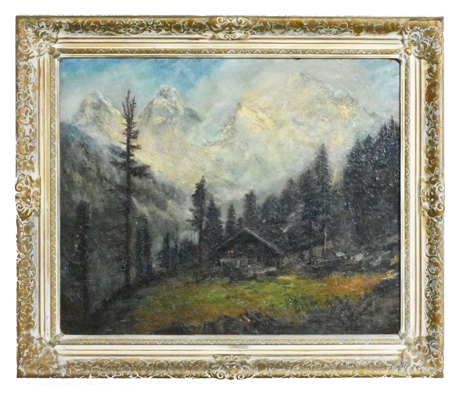 EARLY 20th CENTURY PAINTING, Mountain Cabin Landscape, Signed T.E. Klein lower left, Oil on (1 of 5)