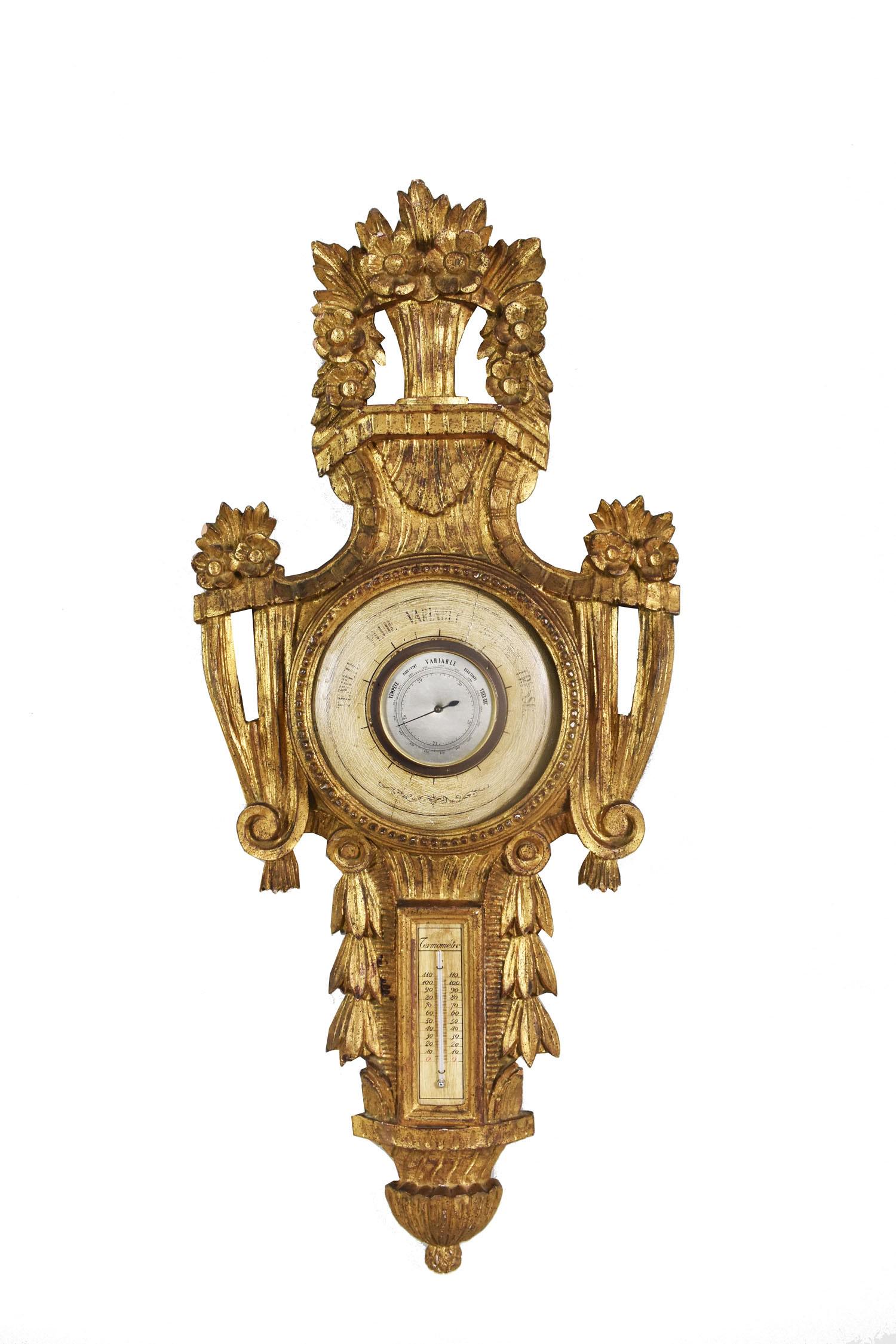 LOUIS XVI STYLE GILTWOOD BAROMETER/THERMOMETRE, Carved with neoclassical motifs. height 38 in., (1 of 1)