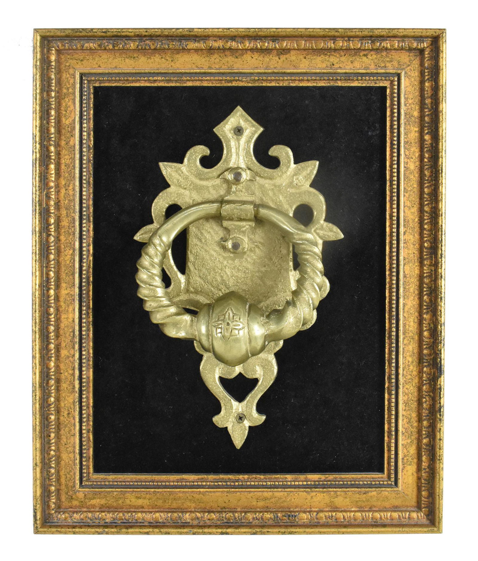 BAROQUE STYLE BRONZE DOOR KNOCKER , Set within a gilt wood frame with velvet backing. height 10.25 (1 of 2)