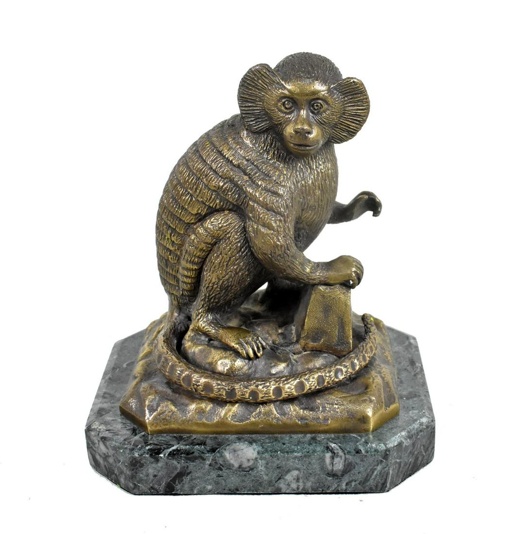 BRONZE MONKEY ATOP A MARBLE BASE, height 6.5 in. width 5.5 in., depth 4 in. (1 of 3)