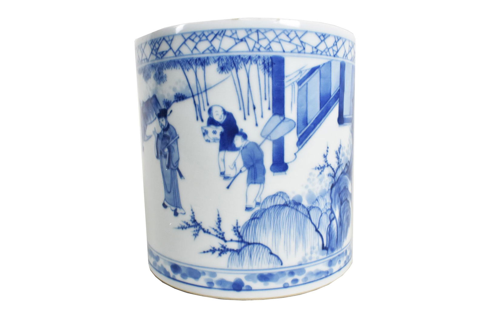 CHINESE KANGXI BLUE & WHITE PORCELAIN BRUSH POT, Unmarked. Cylindrical and decorated with figures in (1 of 9)