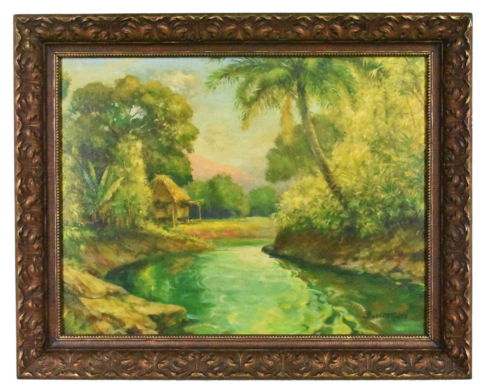 PHILLIPINO SCHOOL, 20th Century, River Landscape with Cottage and Palms, signed T/F (?) (1 of 5)