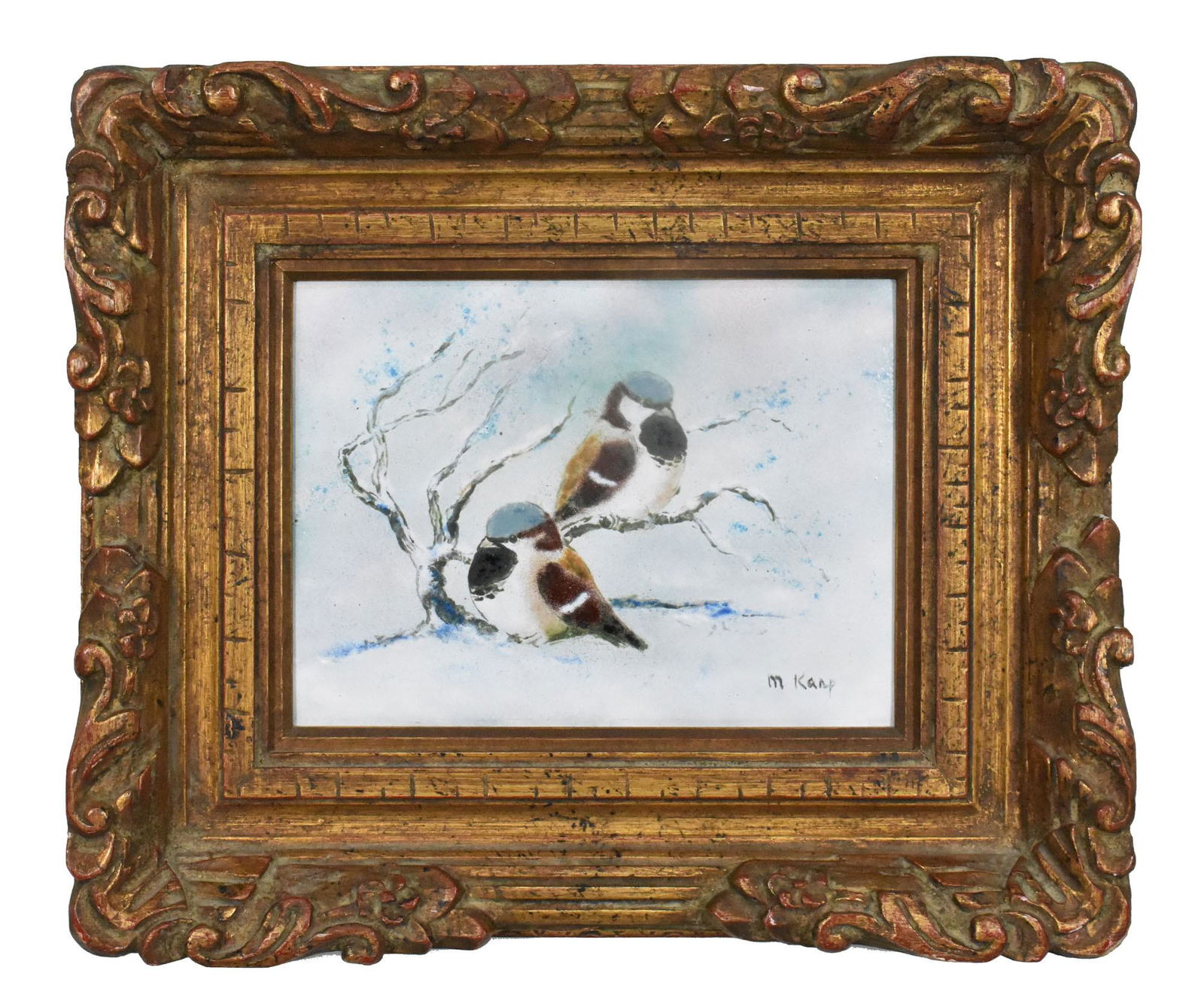 BIRDS ON A SNOWY BRANCH, signed M. Karp, enamel on (1 of 6)