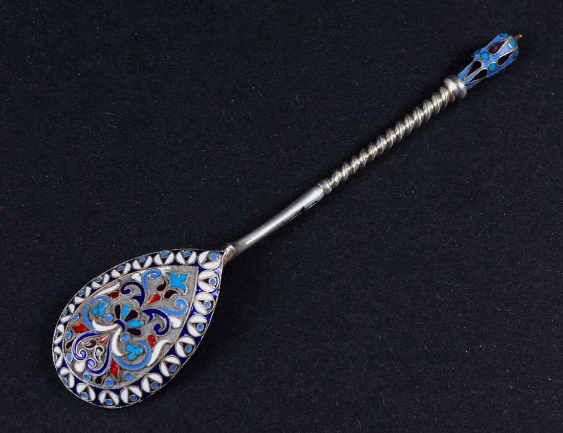 RUSSIAN SILVER AND ENAMEL TEA SPOON: Moscow. Dated 1886. (.84 Standard) Engraved "Cecilia 1890". Length 5 1/2". (75/125)