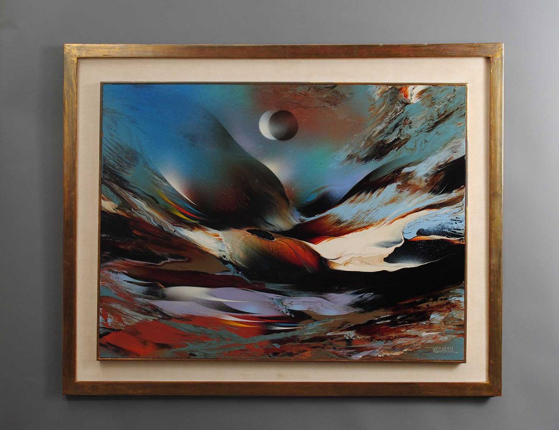 LEONARDO NIERMAN (Mexican. Born 1932): "Eclipse". Signed l/r. Verso titled. Acrylic on Masonite. Measuring 23 3/4" by 31 1/2". Gilded frame. (Cond: good) (1000/1500)