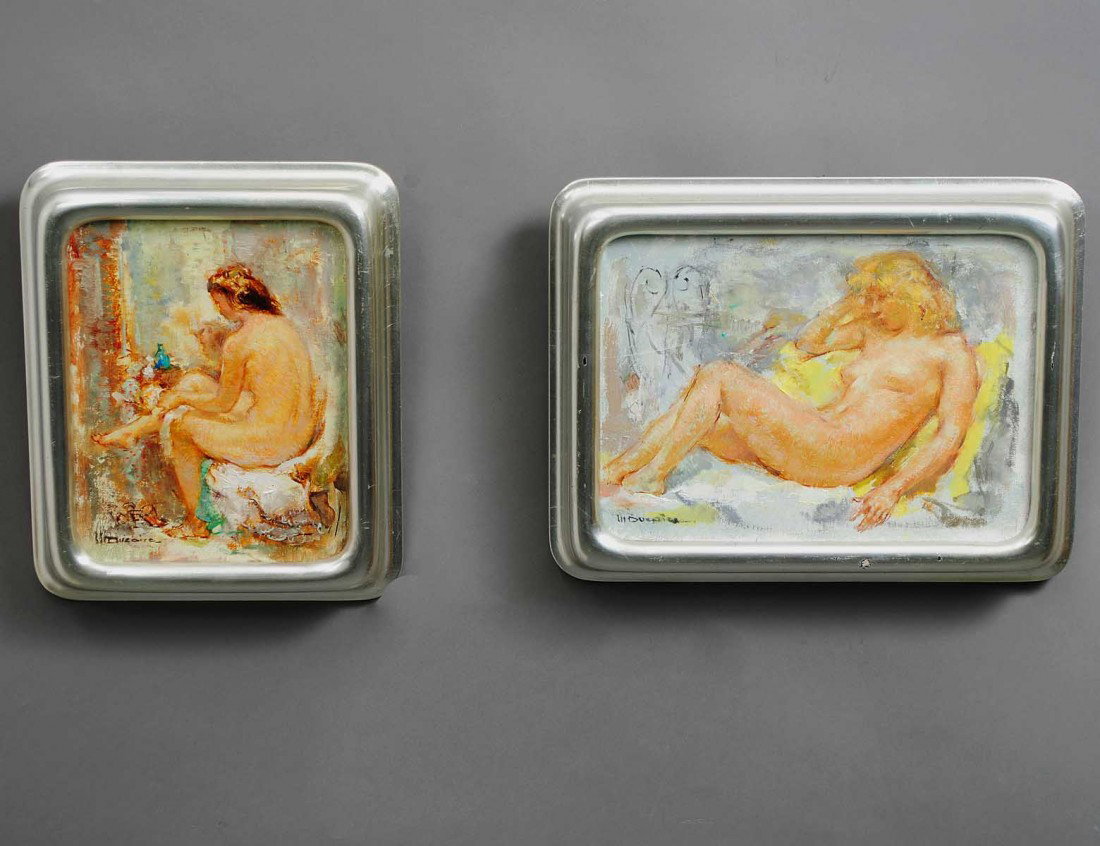 MARYSE DUCAIRE (French. 1911-1992): Two paintings, both titled "Nu". Both signed l/l. Oil on Canvas. Measuring 5" by 7 7/8" and 6 1/2" by 8 3/4". Each with silverleaf frame. (Cond: good) Provenance: Wally Findlay Galleries, Nos. 76655 a