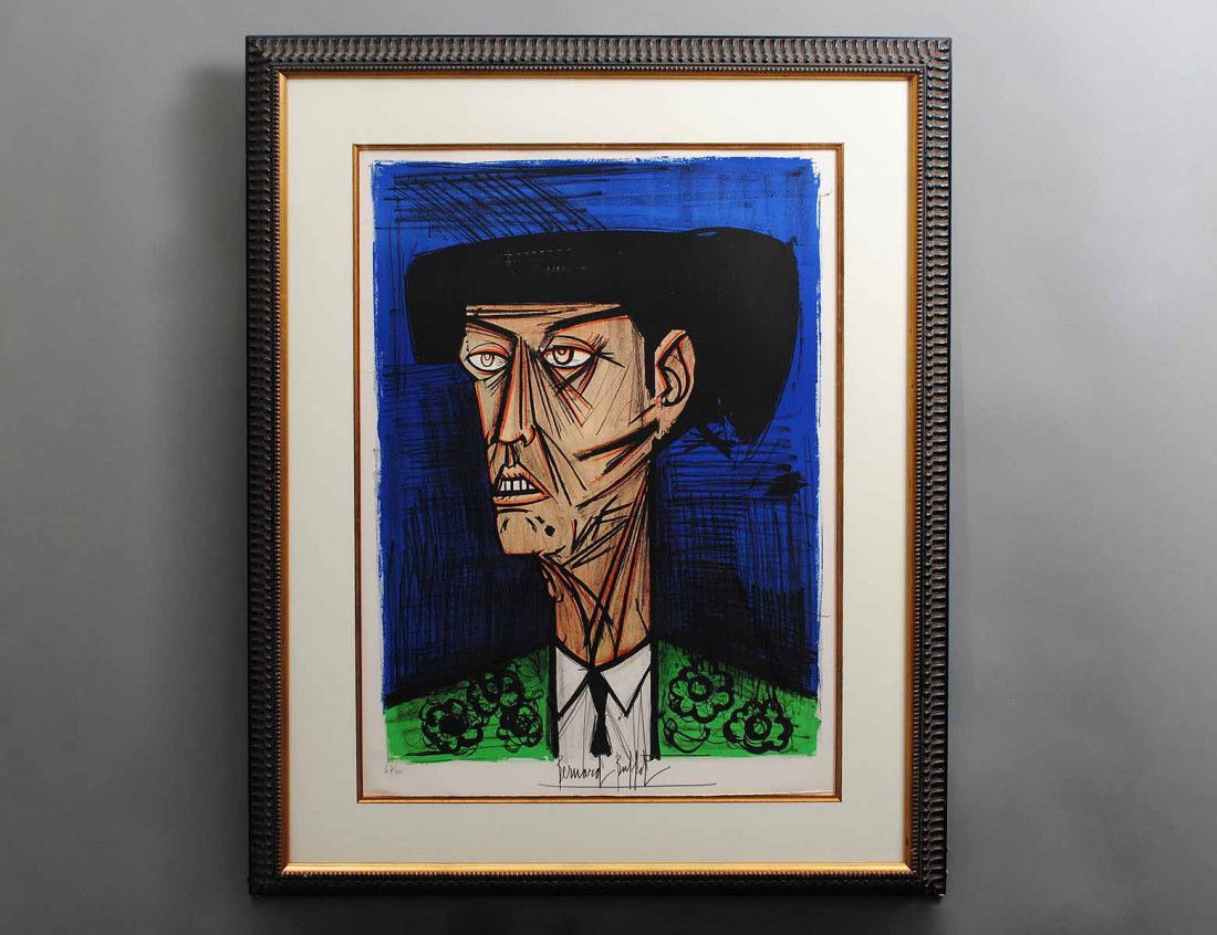 BERNARD BUFFET (French. 1928-1999): "Bullfighter". Signed and numbered 47/150 in pencil in the lower margin. Color Lithograph. Sheet measuring 29 1/2" by 20 1/2". Framed. (Cond: overall good, soft crease lower left margin) (400/600)