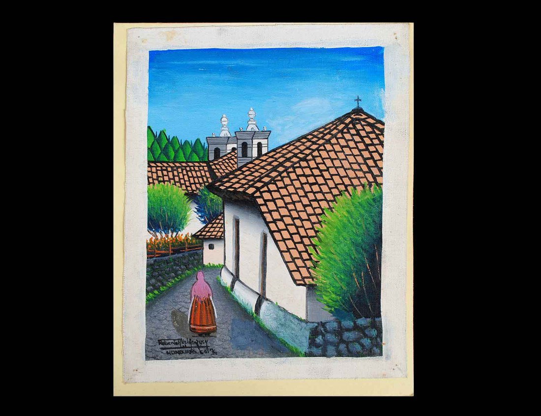 ROBERTO VELASQUEZ (Honduran. 20th Century): "Church with Figure". Signed and inscribed "Honduras '76". Oil on Canvas. Measuring 7 3/4" by 5 3/4". Framed. (Cond: good) (150/200)