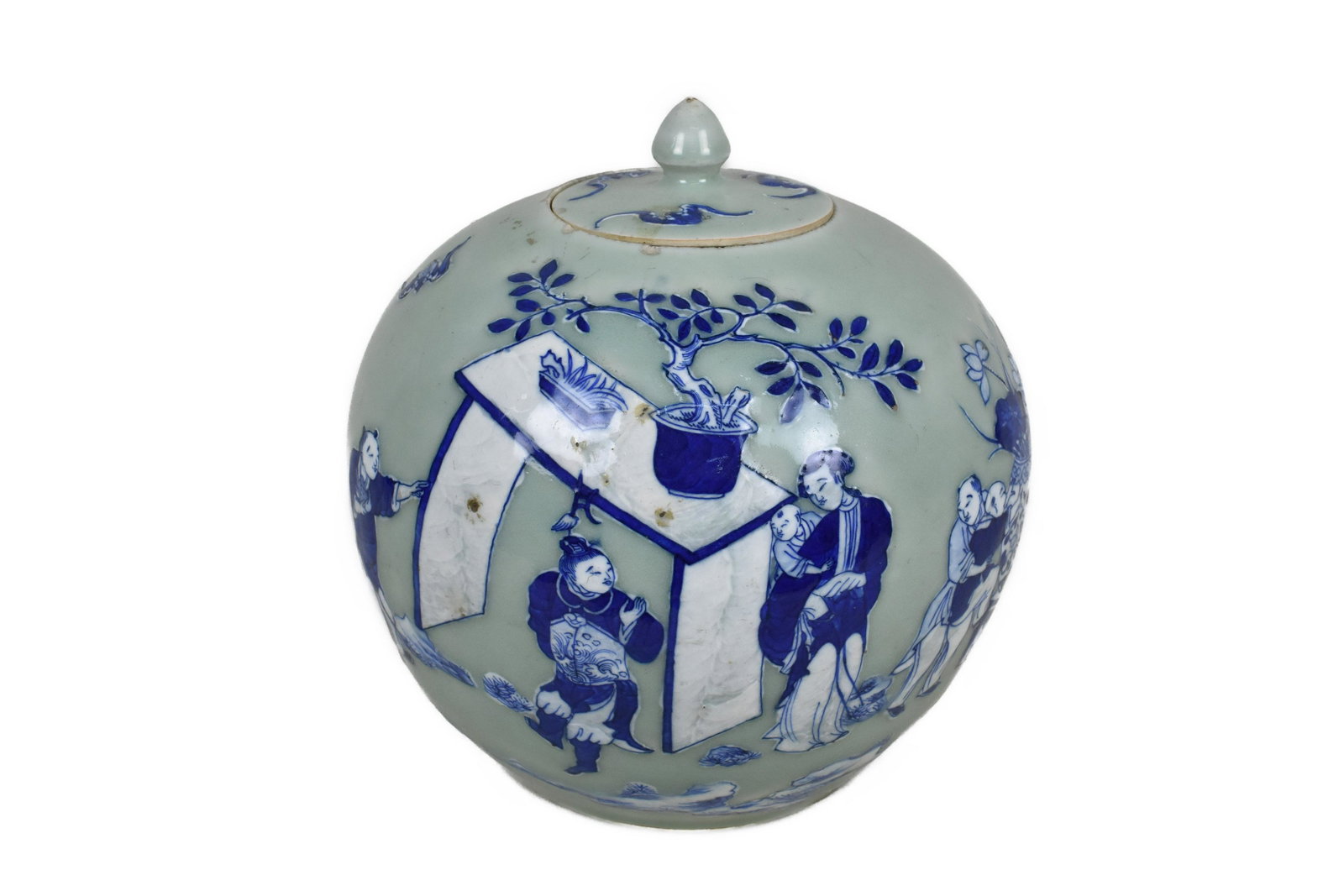 CHINESE BLUE & WHITE DECORATED CELADON LIDDED JAR 19th Century, Ching Dynasty. The spherical vessel (1 of 7)