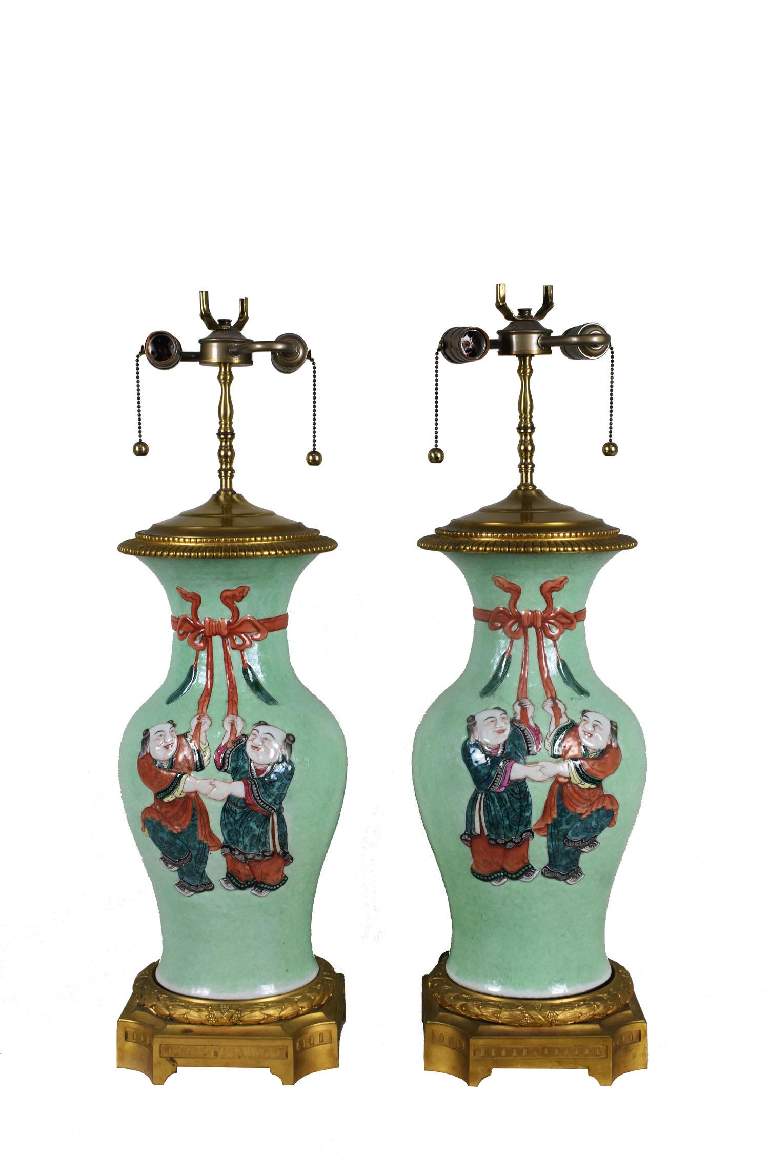 PAIR OF CHINESE FAMILLE ROSE ENAMELED VASES, MTD AS LAMPS 19th Century, with later Louis XVI Style (1 of 10)
