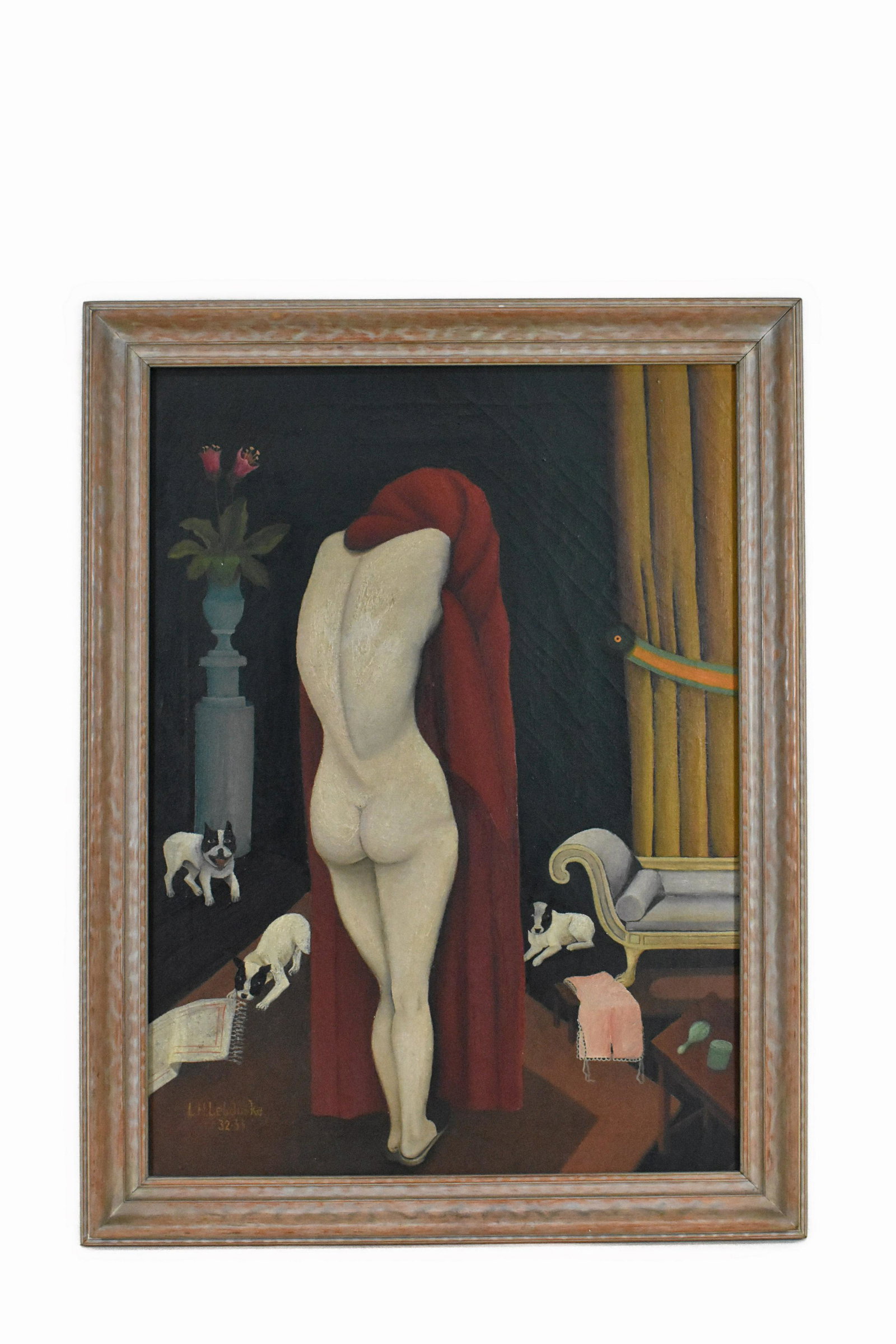 LAWRENCE LEBDUSKA, (American, 1894-1966), Painting, Female Nude with Boxers and Tulips, 1932-33, oil: LAWRENCE LEBDUSKA, (American, 1894-1966), Painting Female Nude with Boxers and Tulips, 1932-33, oil on canvas, signed L.H. Lebduska, dated 32-33 lower left. 30 by 22 in., overall, 35 by 26.5 in.