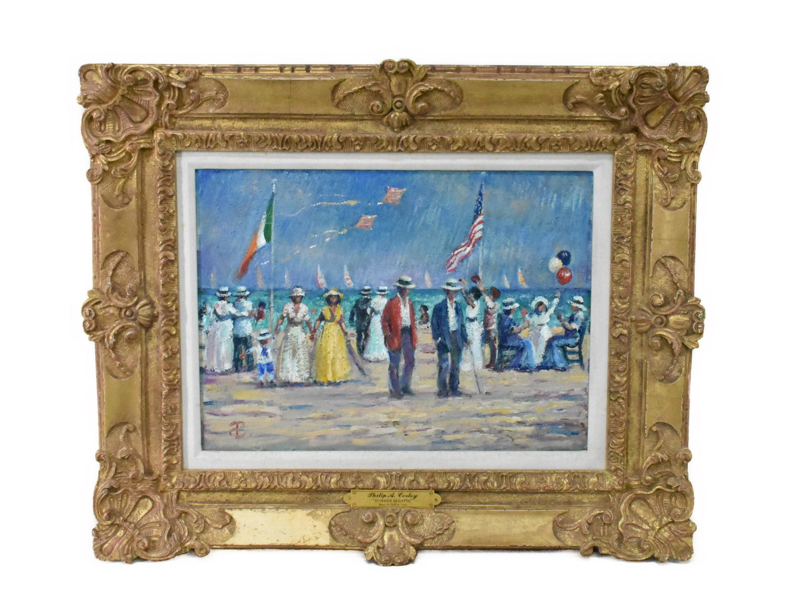 PHILIP CORLEY, (American, b. 1944) Painting , Well Dressed Figures on the Beach, oil on canvas, (1 of 5)