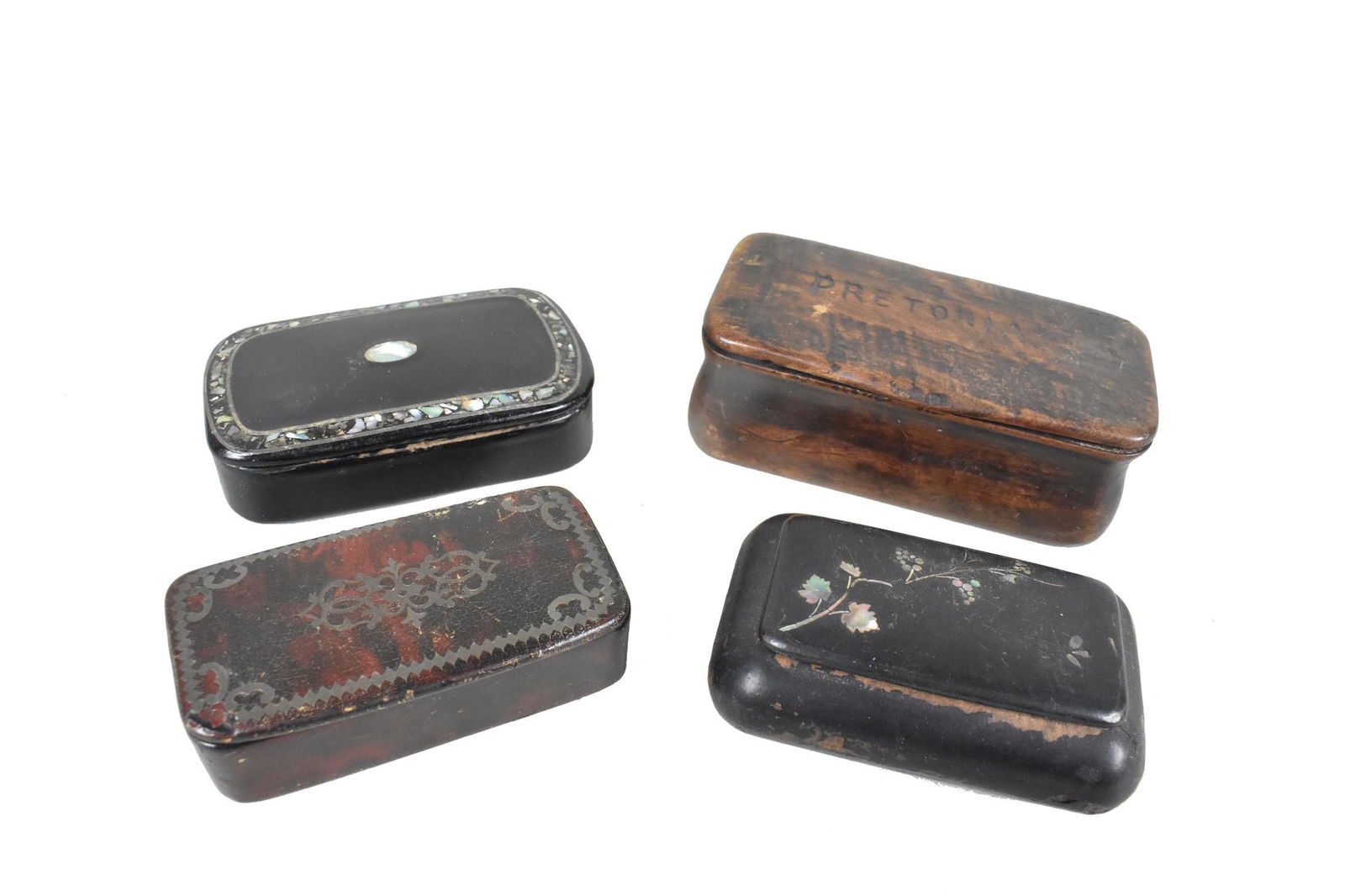 FOUR VARIOUS SMALL BOXES Late 19th Century. Comprising two mother-of-pearl inlaid lacquer examples, (1 of 4)