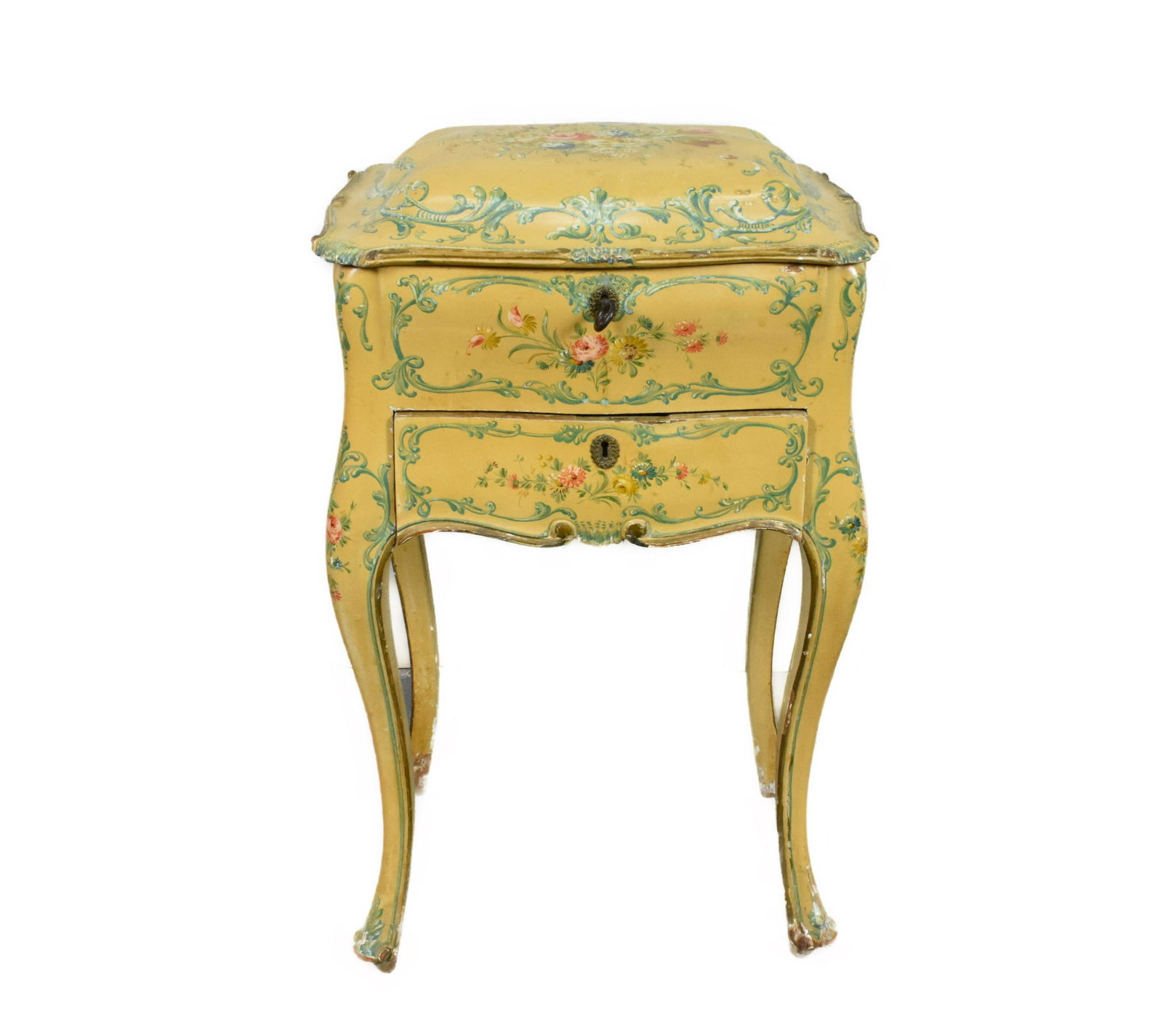 VENETIAN ROCOCO STYLE PAINTED LADIES SEWING STAND The shaped rectangular upper part with a hinged (1 of 4)