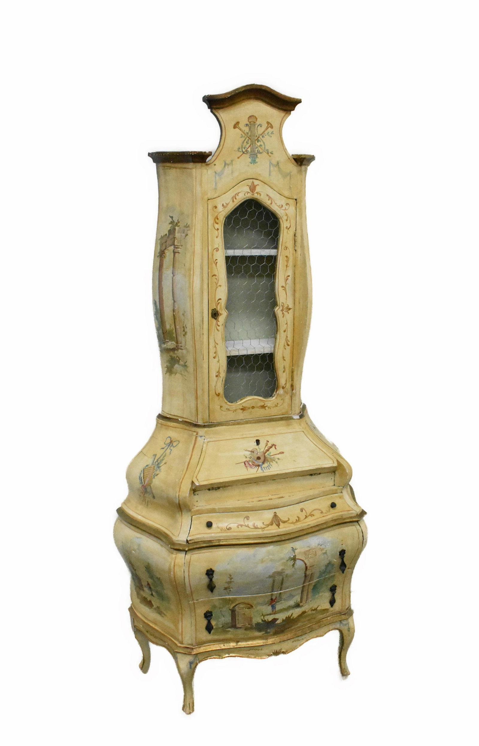 VENETIAN PAINTED SERPENTINE-FRONTED SECRETARY BOOKCASE, In a rococo style, painted with trophies and (1 of 5)