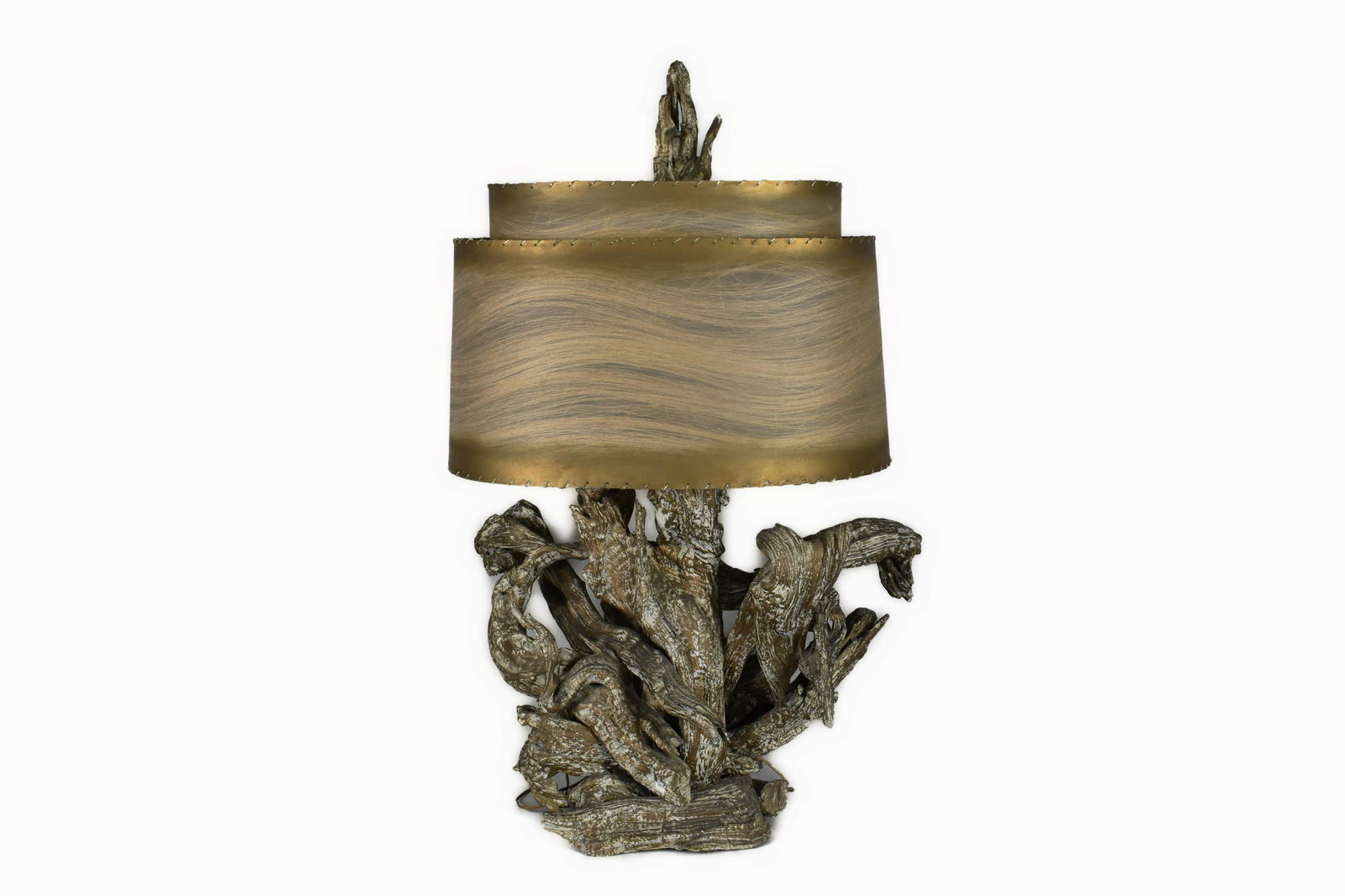 MID-CENTURY ROOT WOOD LAMP, Asymmetrical, with a gilt and white painted surface, and a decorated (1 of 4)