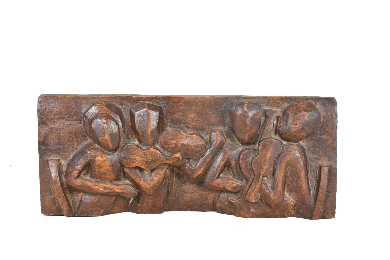 AMERICAN SCHOOL, MODERNIST WALNUT PANEL OF A STRING QUARTET, Circa 1945. Carved in high relief. (1 of 4)