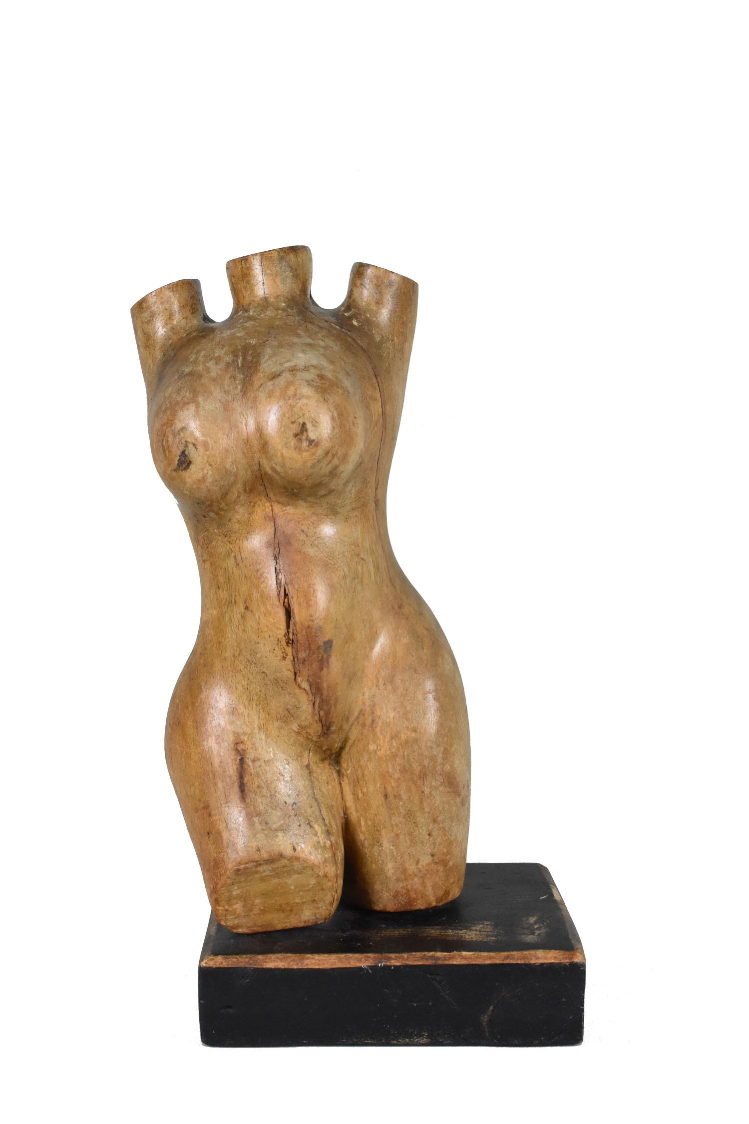 AMERICAN SCHOOL, MODERNIST WOOD FEMALE NUDE TORSO, Circa 1945. On a rectangular ebonized base.: AMERICAN SCHOOL, MODERNIST WOOD FEMALE NUDE TORSO Circa 1945. On a rectangular ebonized base. Height overall 23 in., Width at base 10.25 in., Depth at base 8.5 in.