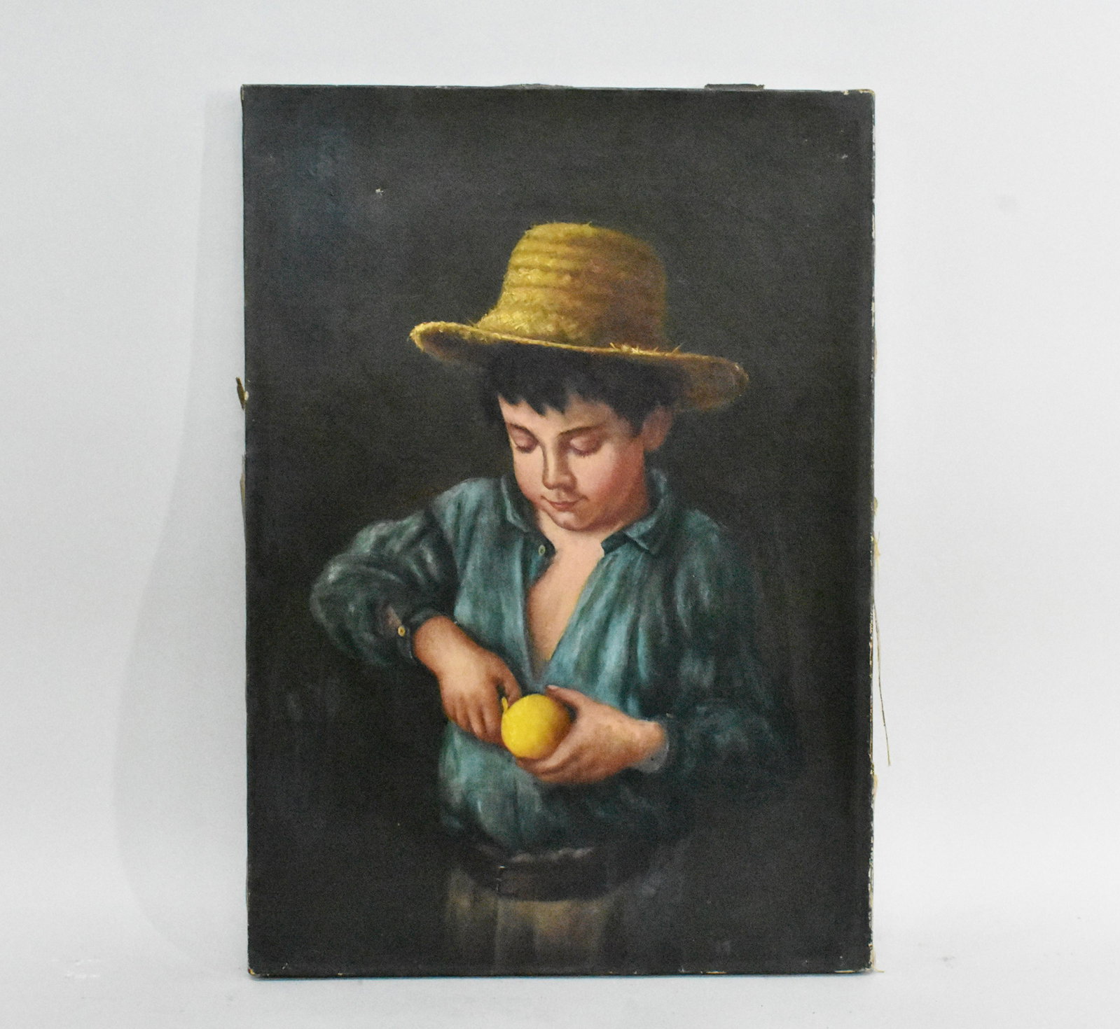 AMERICAN SCHOOL (Late19th Century) Painting, Boy Peeling Orange, oil on canvas, 17 by 12 in.: AMERICAN SCHOOL (Late19th Century) Painting Boy Peeling Orange, oil on canvas, 17 by 12 in. unframed.