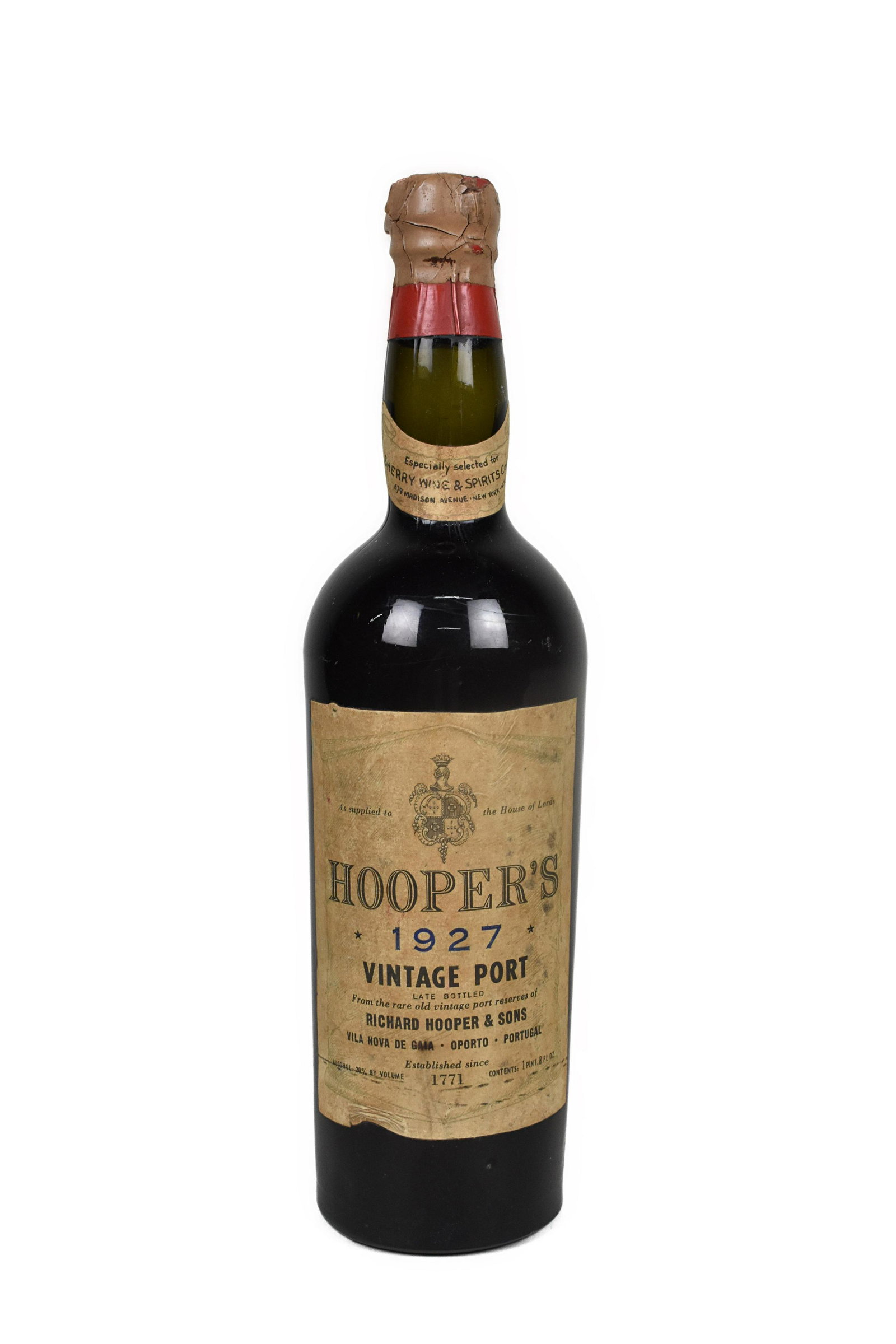 1927 VINTAGE PORT WINE, Richard Hopper & Sons. Labeled, unopened. 1 pint 8 fl. oz.,: 1927 VINTAGE PORT WINE Richard Hopper & Sons. Labeled, unopened. 1 pint 8 fl. oz.