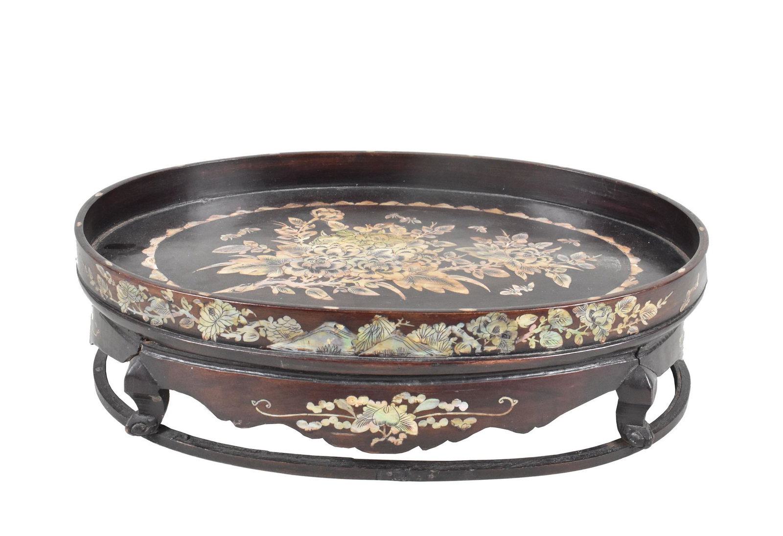 CHINESE MOTHER-OF-PEARL INSET LACQUER TRAY ON STAND, The oval tray with gallery, inlaid with (1 of 4)