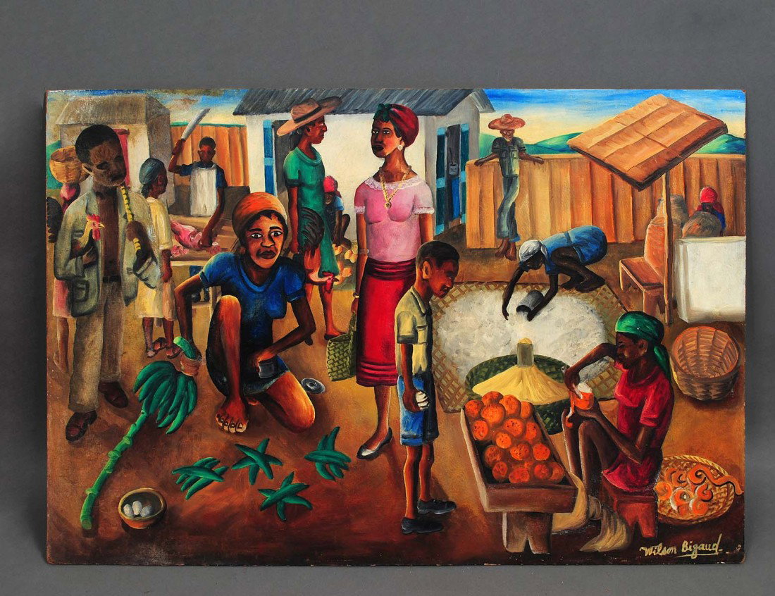 WILSON BIGAUD (Haitian. 1931-2010): "Market Scene". Signed l/r. Oil on Masonite. Measuring 16" by 24". Unframed. (Cond: surface dirty, could use cleaning)