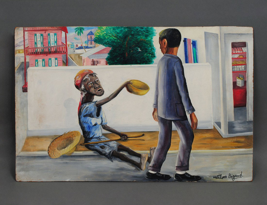 WILSON BIGAUD (Haitian. 1931-2010): "Beggar". Signed l/r. Oil on Masonite. Measuring 16" by 24". Unframed. (Cond: surface dirty, could use cleaning)
