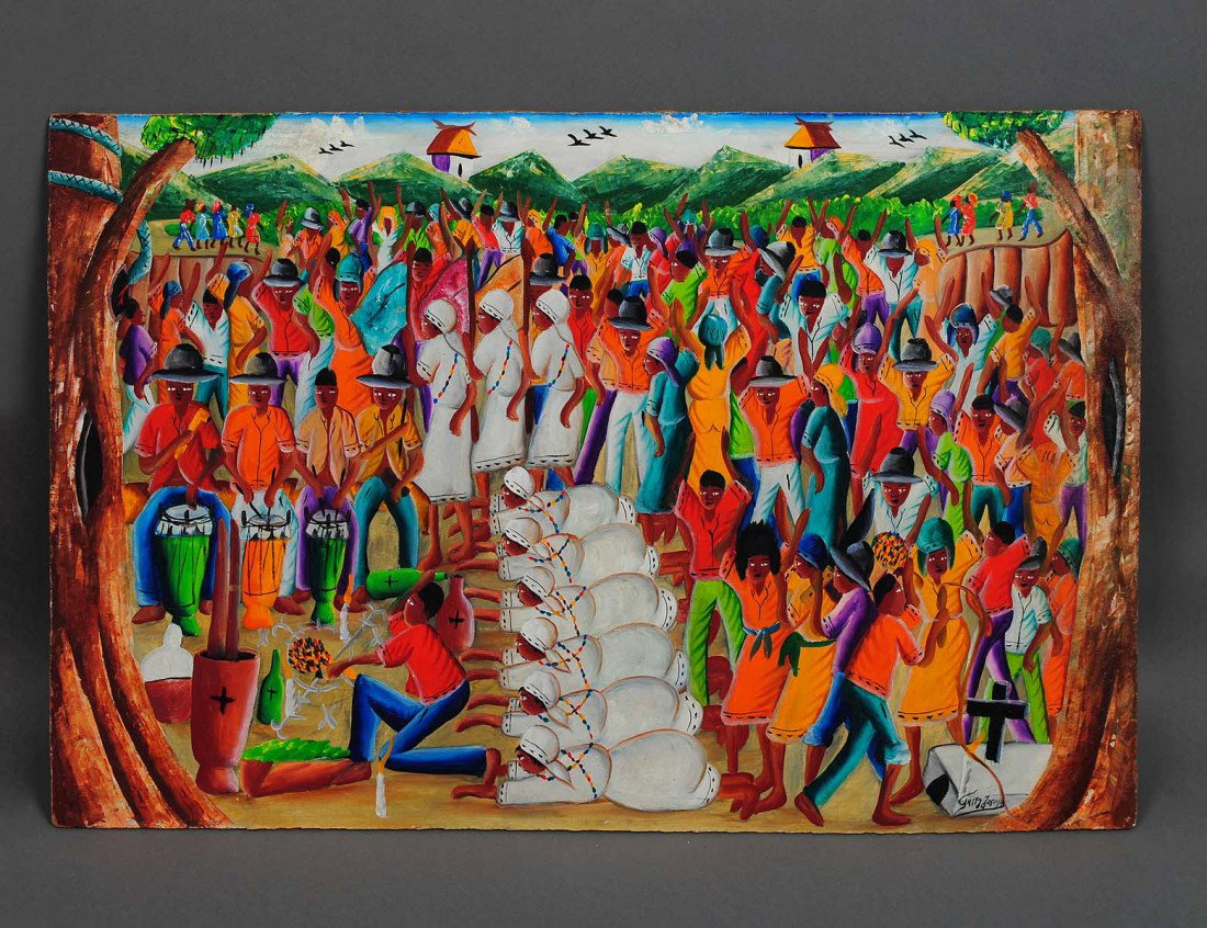 FRITZ JOSEPH (Haitian. 20th Century): "Voodoo Ceremony". Signed l/r. Oil on Masonite. Measuring 16" by 24". Unframed. (Cond: good, could use cleaning)
