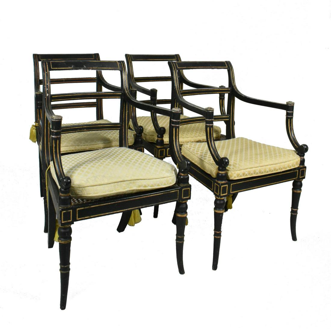 SET OF FOUR REGENCY STYLE PAINTED CANED ARMCHAIRS, Early 20th Century. With curved open backs, (1 of 4)