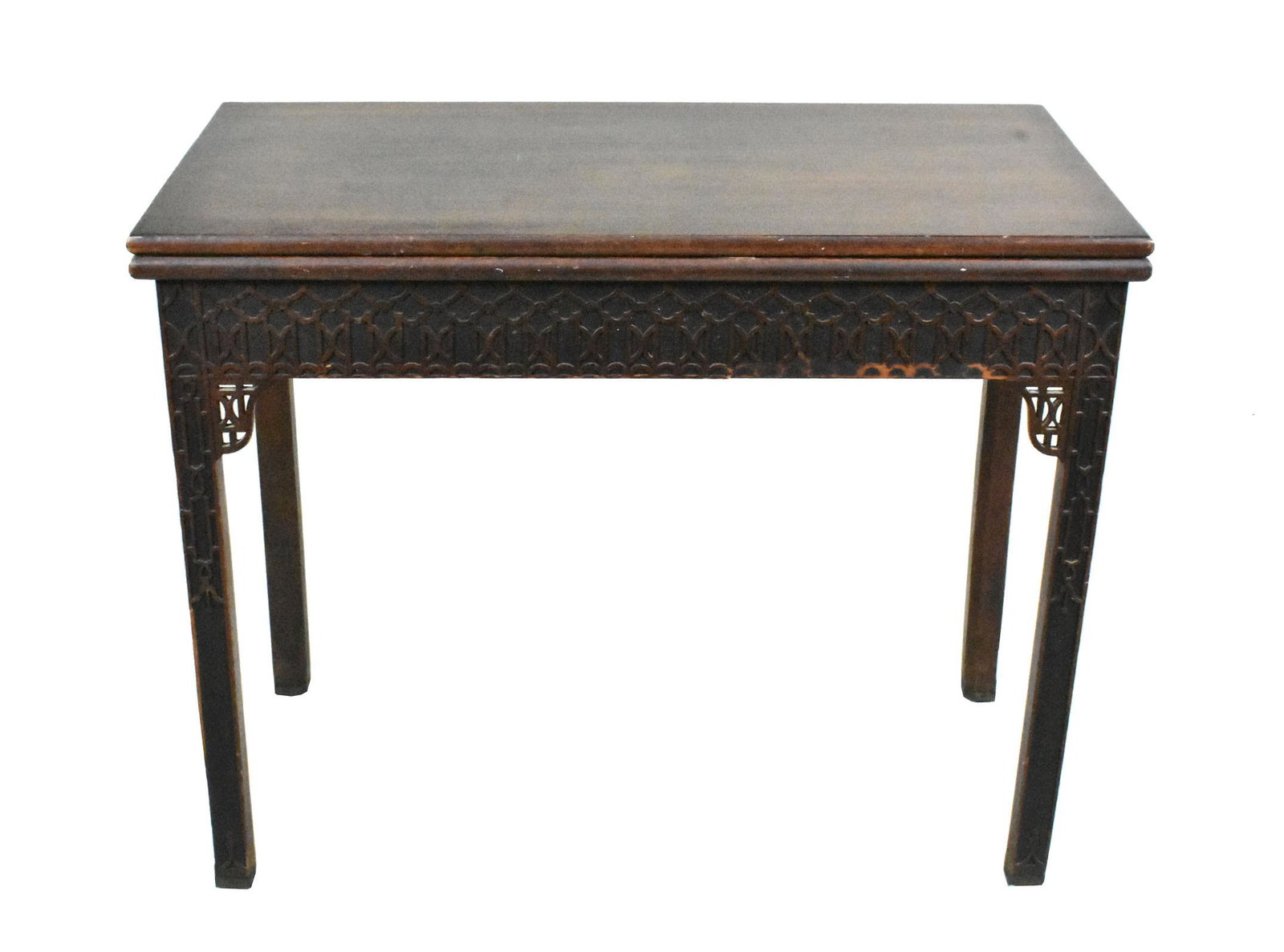 GEORGE III STYLE FRET-CARVED MAHOGANY GAMES TABLE, The hinged rectangular top opening to a (1 of 6)
