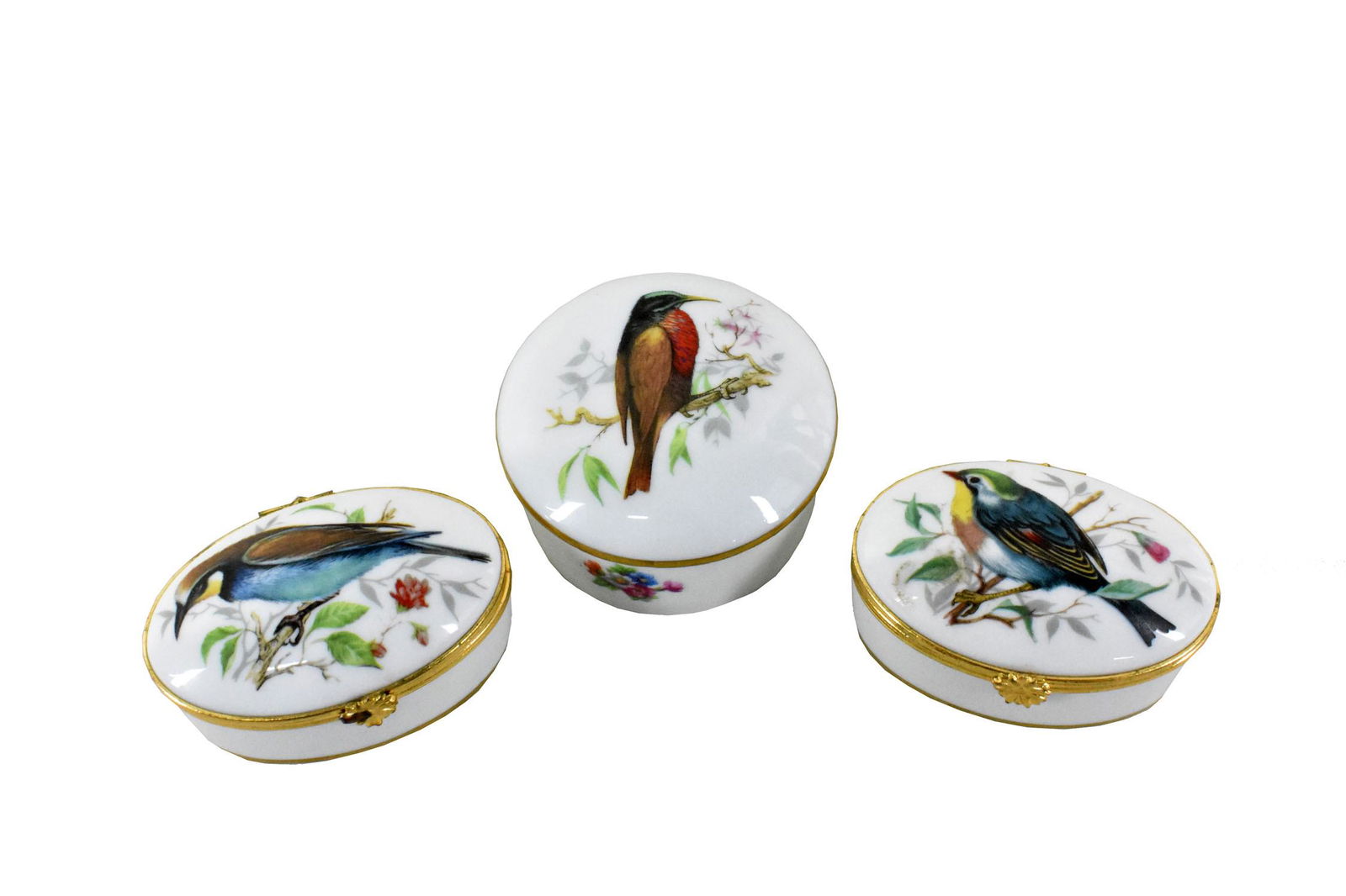 THREE LIMOGES BIRD DECORATED PORCELAIN BOXES, Two oval examples with hinged lids, the third, (1 of 5)