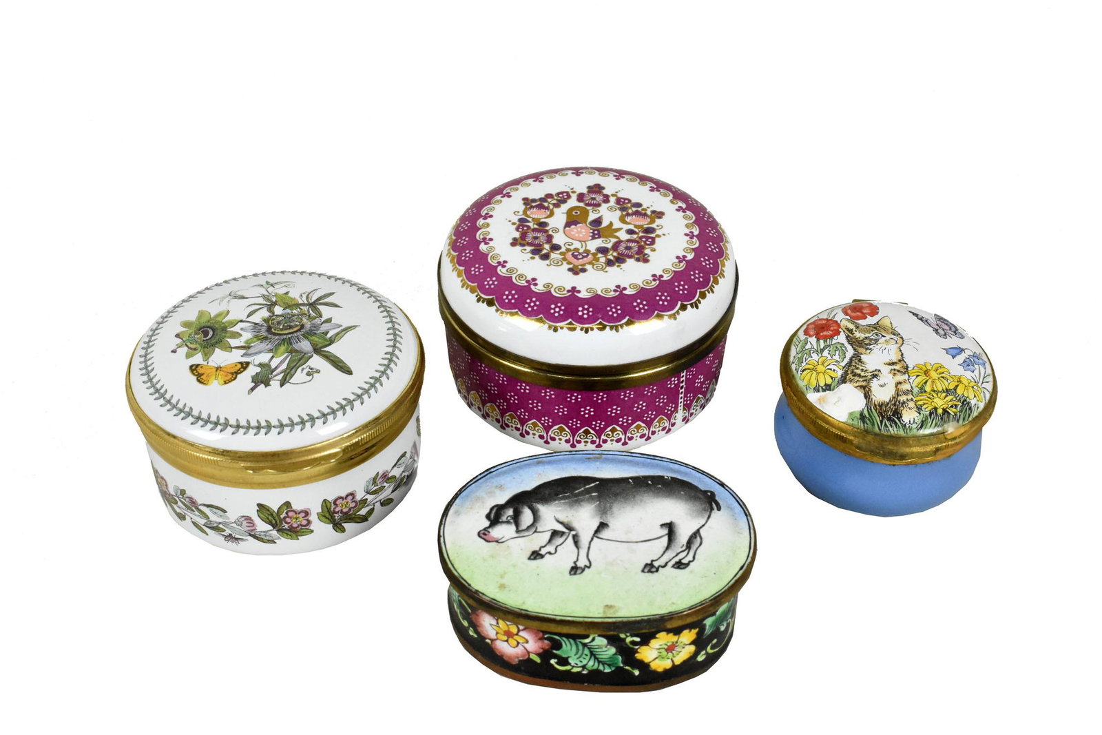 FOUR VARIOUS ENAMEL BOXES , Comprising, a Chinese Canton enamel oval example, decorated with a pig, (1 of 9)