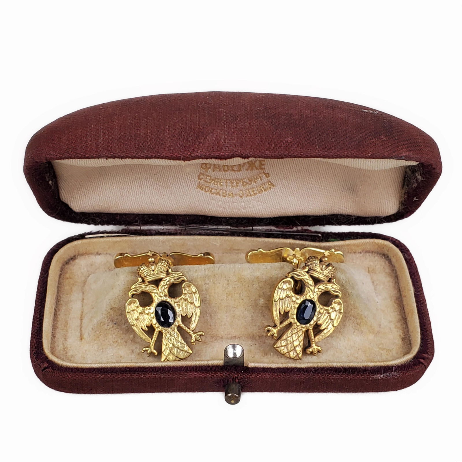 RUSSIAN GILDED SILVER DOUBLE EAGLE CUFFLINKS, With Sapphires and Rubies, maker's mark and stamped 88 (1 of 4)