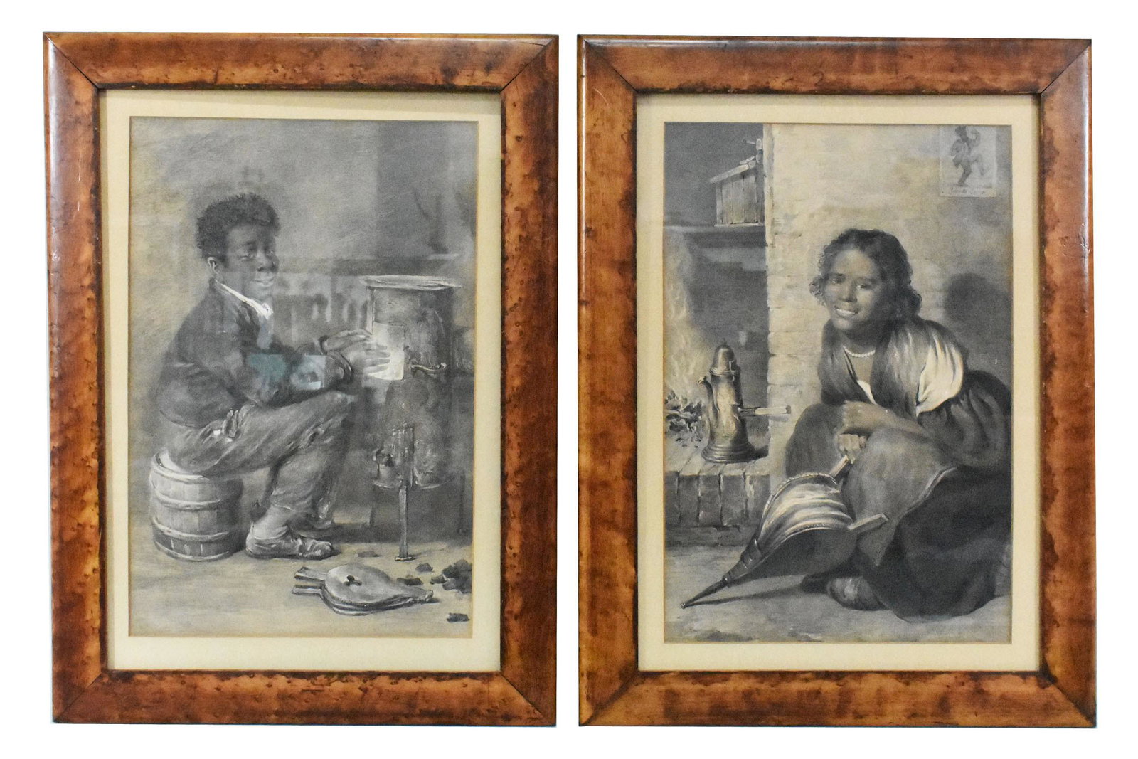 PAIR OF AMERICAN 19th CENT CHROMOLITHOGRAPHS, Young Black Children, 17 1/2" x 11 1/2", Matching Burl (1 of 4)