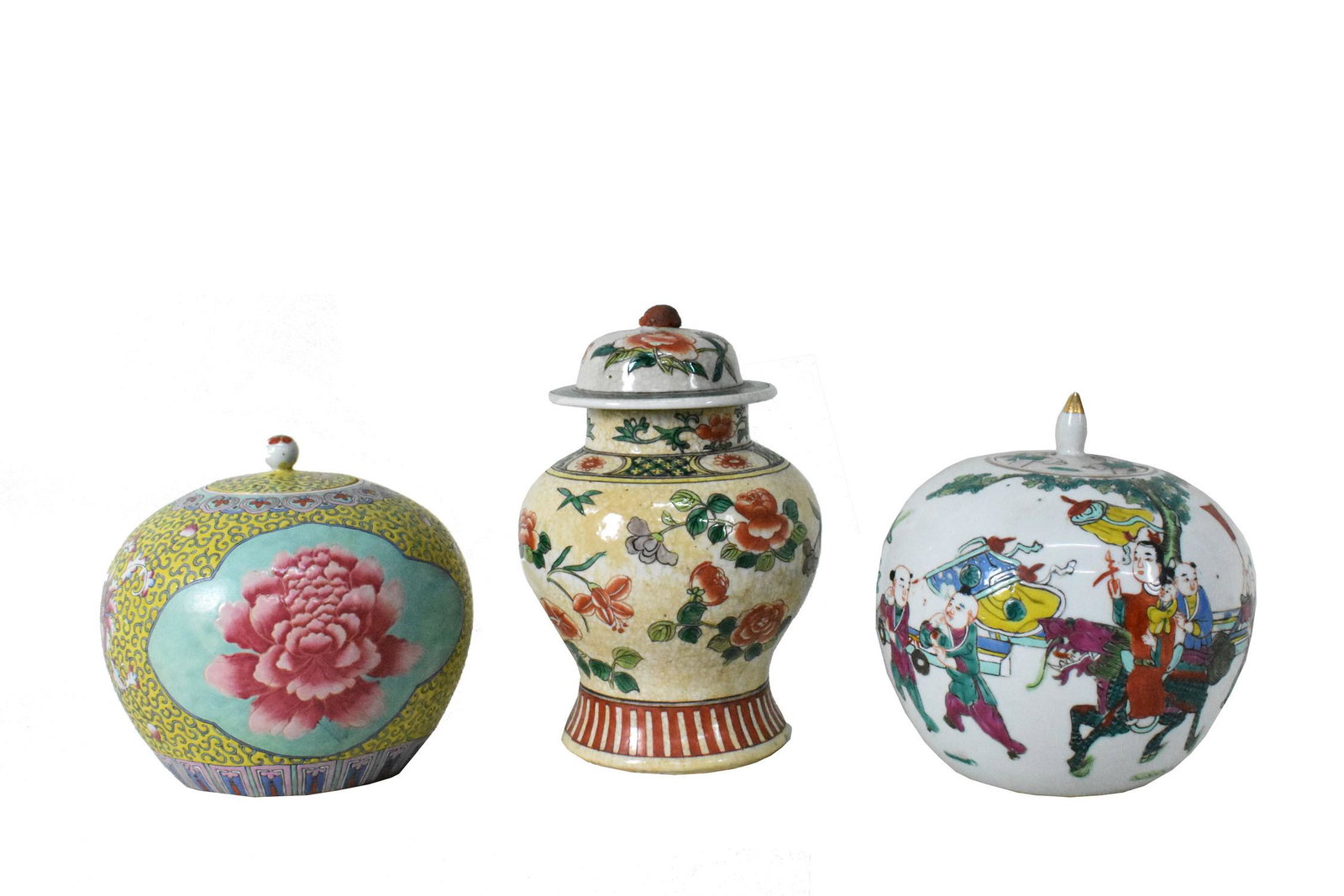 THREE CHINESE COVERED VESSELS, The first, a famille rose decorated yellow ground covered spherical (1 of 14)