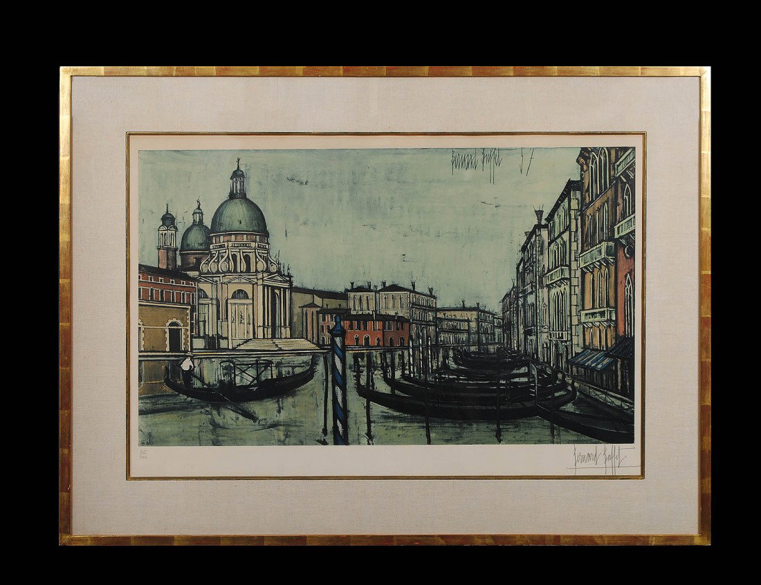 BERNARD BUFFET (French. 1928-1999): "Venice". Signed in pencil l/r margin. Numbered 65/30, signed and dated '57 in the image. Lithograph. Image measuring 21 1/2" by 36". Gilded frame. (Cond: full margins, has some fading) (1000/1500)
