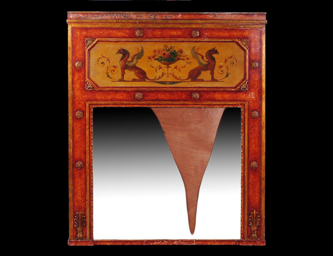 LOUIS XVI STYLE GILT TRUMEAU: The rectangular mirror plate (broken) surmounted by a classical panel flanked by patera and palmettes. Measuring 61" by 50". (500/700)
