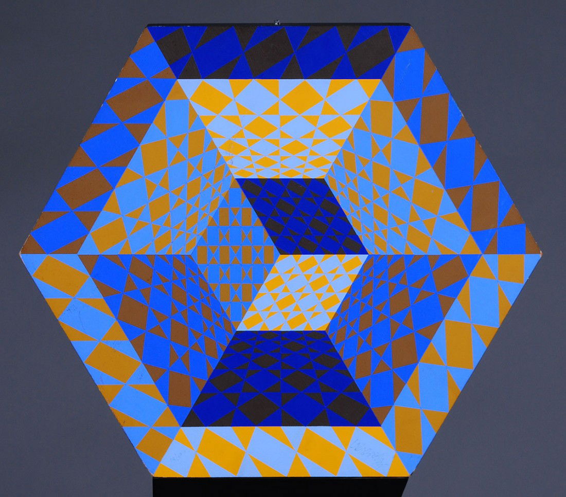 VICTOR VASARELY (Hungarian. 1908-1997): "Untitled". Signed and numbered 10/100. Hand Painted Acrylic on Wood Optical Sculpture. Measuring 15 3/4" by 18". (Cond: has some light scratches and nicks, will need repair) (4000/6000)