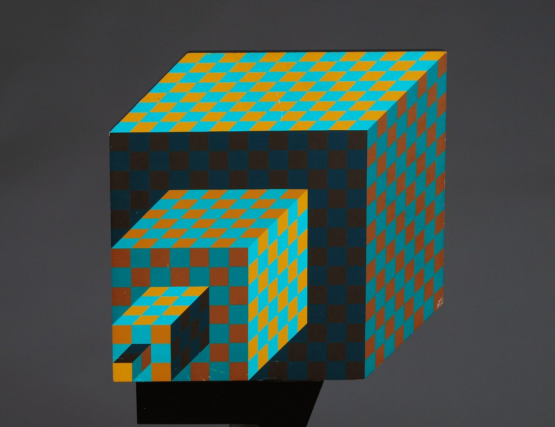 VICTOR VASARELY (Hungarian. 1908-1997): "Felhoe". Faintly signed and numbered 65/100, Circa 1981. Painted Acrylic on Wood Optical Sculpture. Measuring 15 3/4" by 15 3/4". (Cond: has some scratches and abrasions with two nicks to wood, will 