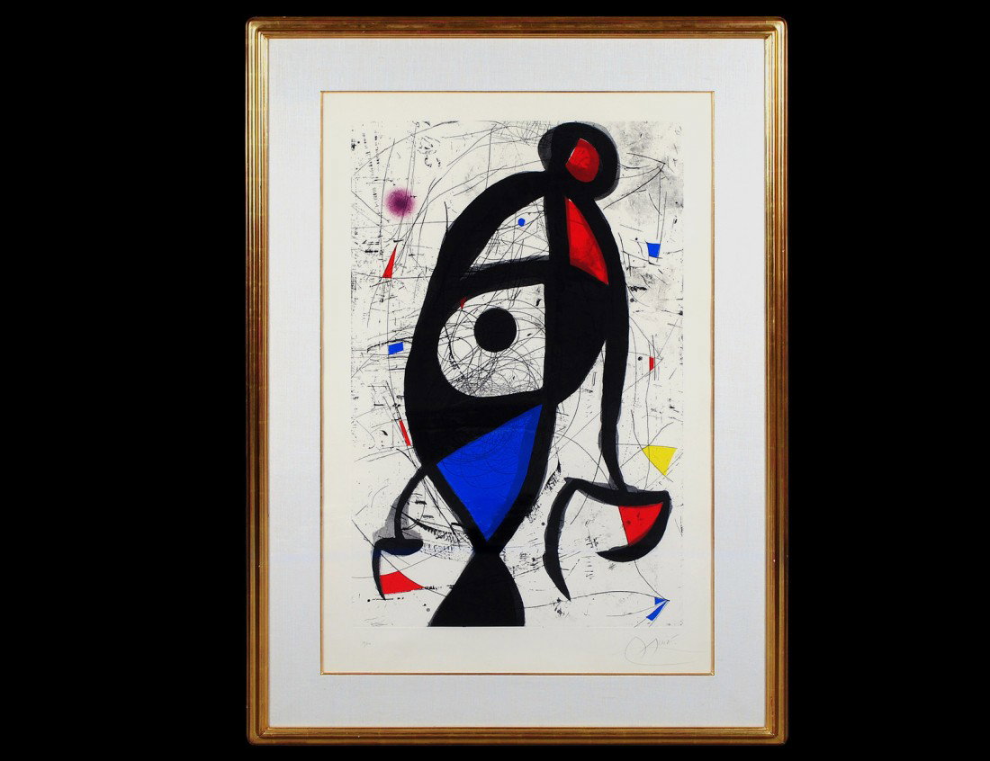 JOAN MIRO (Spanish. 1893-1983): "Contrebalance". Circa 1976. Signed and numbered 50/50 in pencil lower margin. Etching with Aquatint. Image measuring 45 1/2" by 29". Sheet measuring 35" by 54". Framed. (Cond: light toning, otherwise