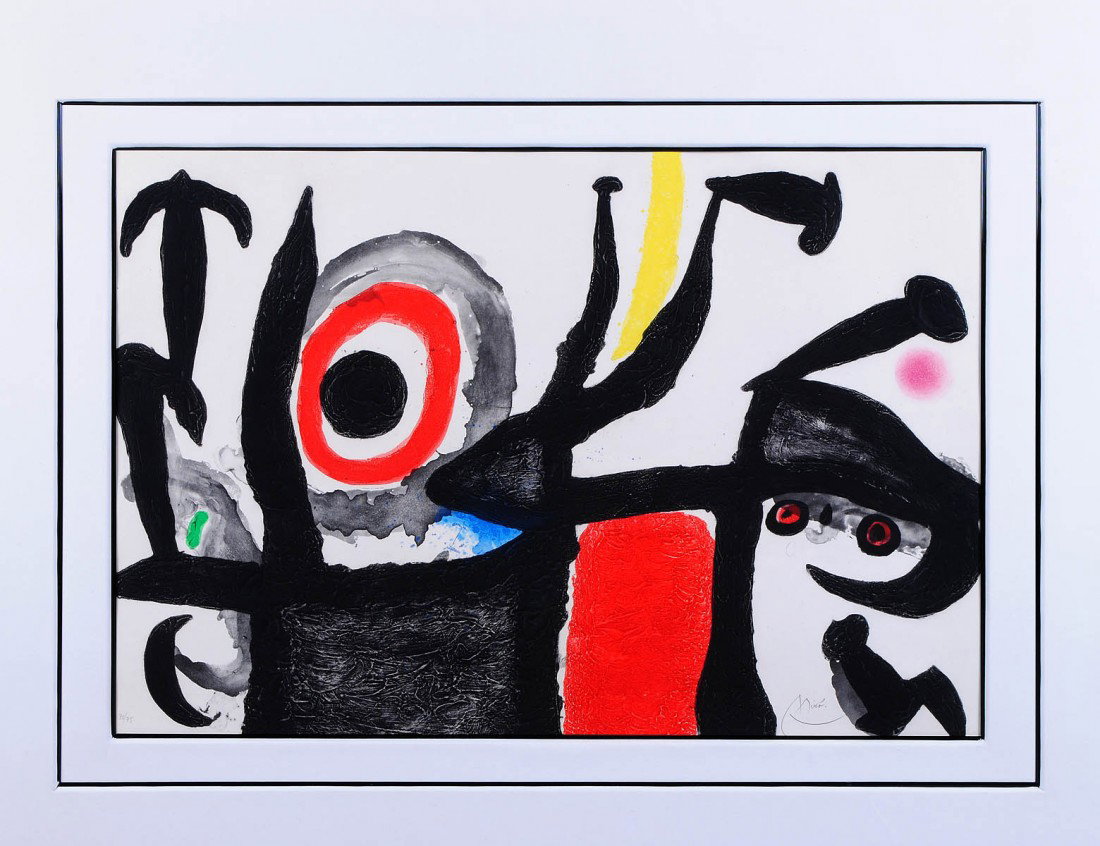 JOAN MIRO (Spanish. 1893-1983): "Manoletina". Circa 1969. Signed and numbered 70/75 in pencil. Verso titled in pencil. Etching with Aquatint and Carborundum. Sheet measuring 27" by 40". Framed. (Cond: light toning, otherwise good) (