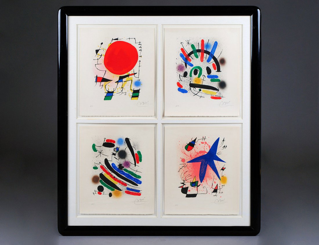 JOAN MIRO (Spanish. 1893-1983): "Miro Lithographs I". Circa 1972. Each signed artist's proof in pencil. Suite of Four Lithographs. Sheet measuring 17 1/2" by 14 1/2". All framed together. (Cond: light toning, otherwise good) (5000/7