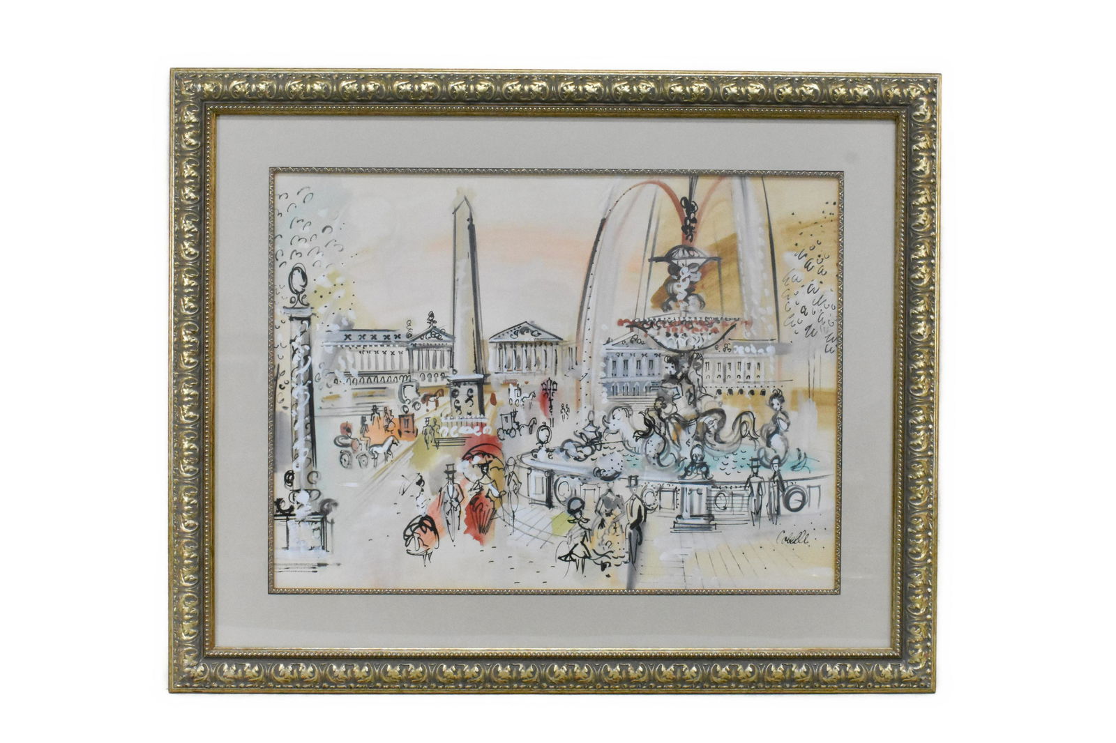 CHARLES COBELLE, (French,1902-1994): Watercolor Place de la Concorde with the Fountain des Mers, watercolor on paper, signed Cobelle, l.r. site 20.5 by 28 in., overall, matted, framed 31 by 39.5 in.