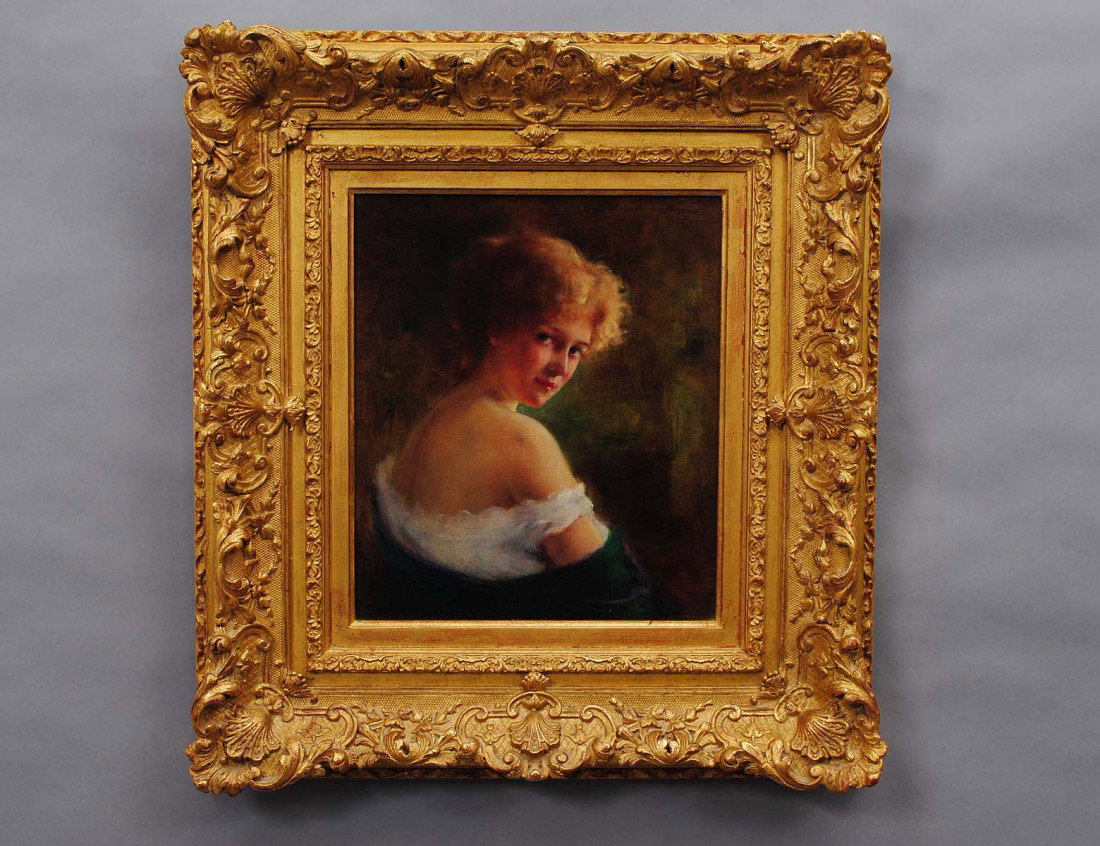 CARLE J. BLENNER (American. 1864-1952): "Portrait of a Lady". Signed u/r. Oil on Composite Board. Measuring 14" by 12". Period gilded exhibition frame. (Cond: has visible horizontal crazing throughout board, old varnish, could use cleaning)